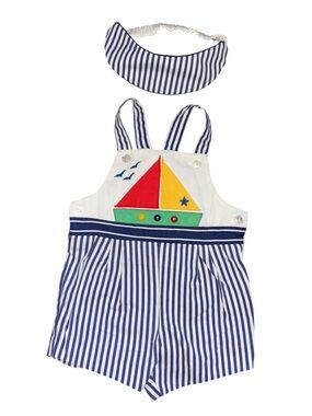 VTG sailboat striped romper + visor baby togs 3T toddler 80s 90s